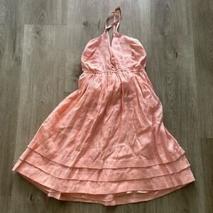 lusana gemma pink linen deep v neck fit & flare mini summer sun dress small NEW